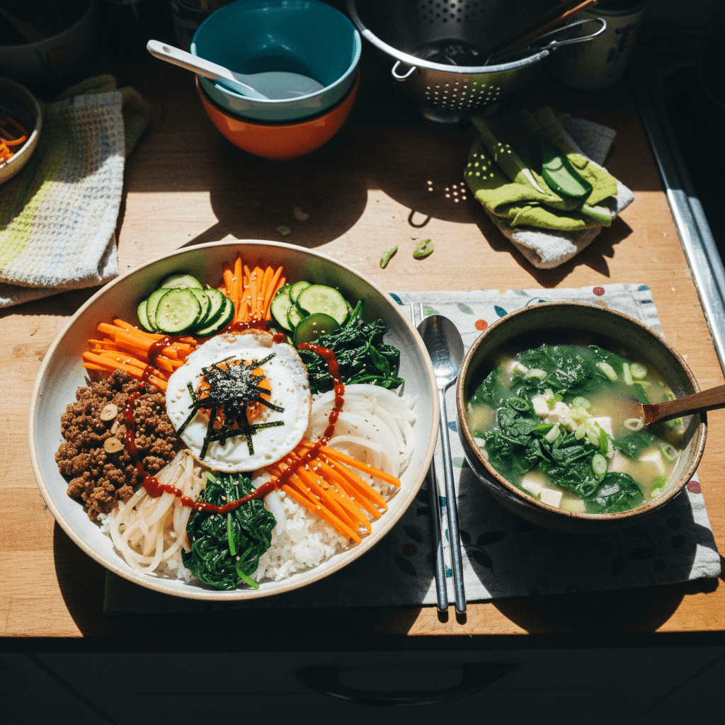 Easy Bibimbap + Miso Spinach Soup