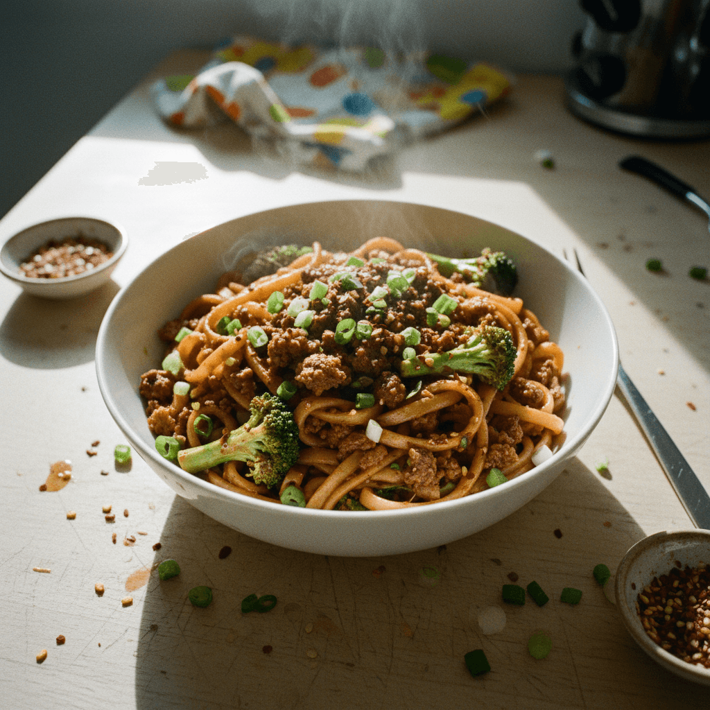 Spicy Beefless Broccoli Garlic Noodles