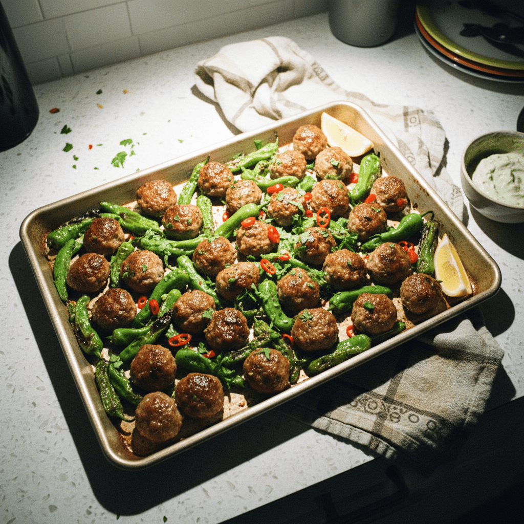 Trader Joe's Meatball & Shishito Sheet Pan Supper