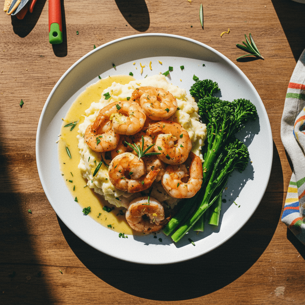 Shrimp with Lemon Cream Sauce, Mashed Potatoes, and Roasted Broccolini