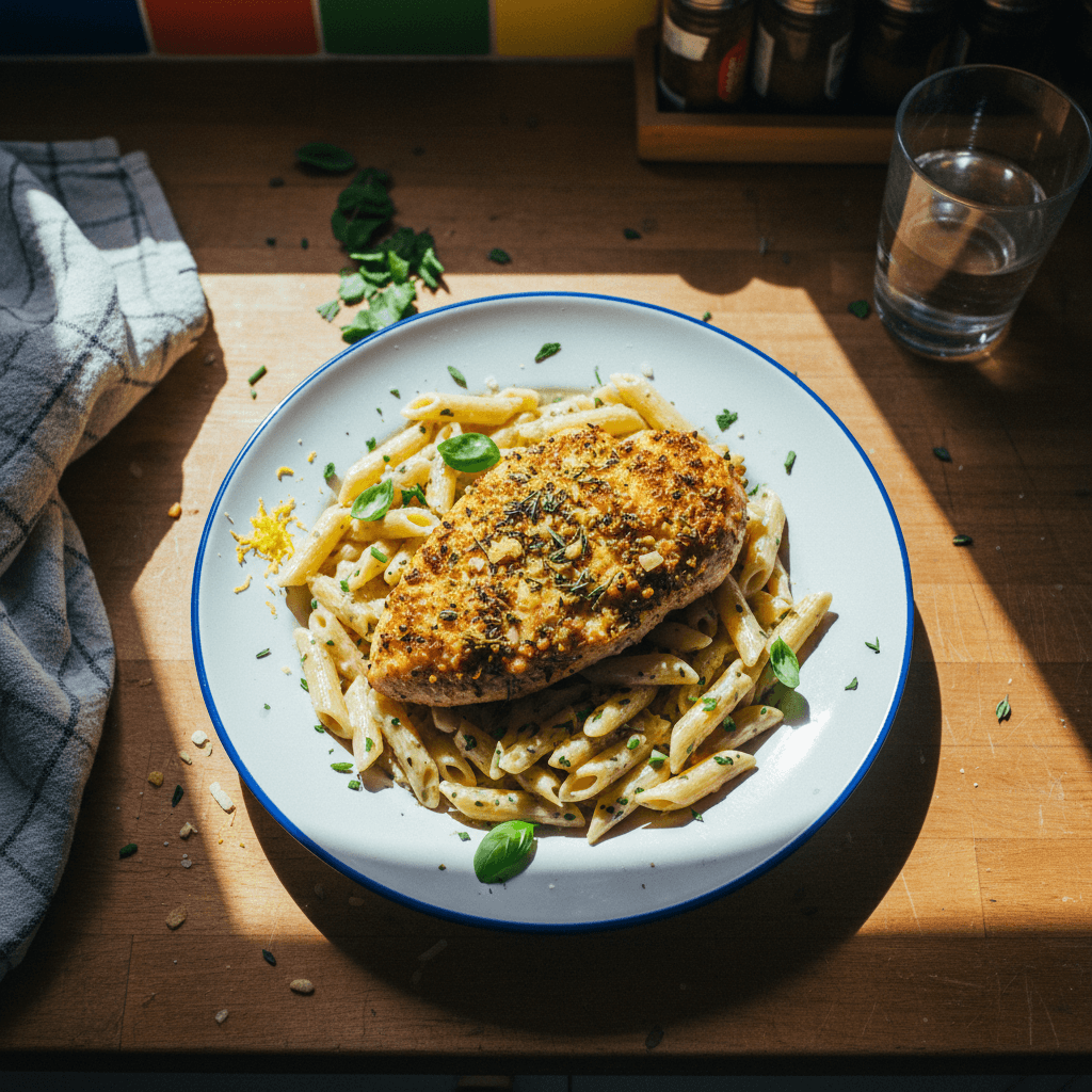 Herb-Crusted Chicken with Creamy Penne