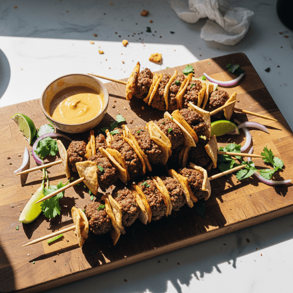 Layered Meat and Tortilla Skewers