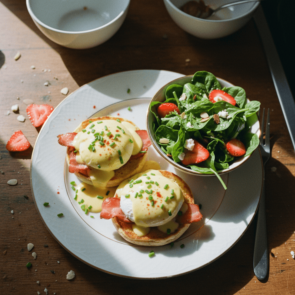 Eggs Benedict with a Strawberry Mixed Green Salad