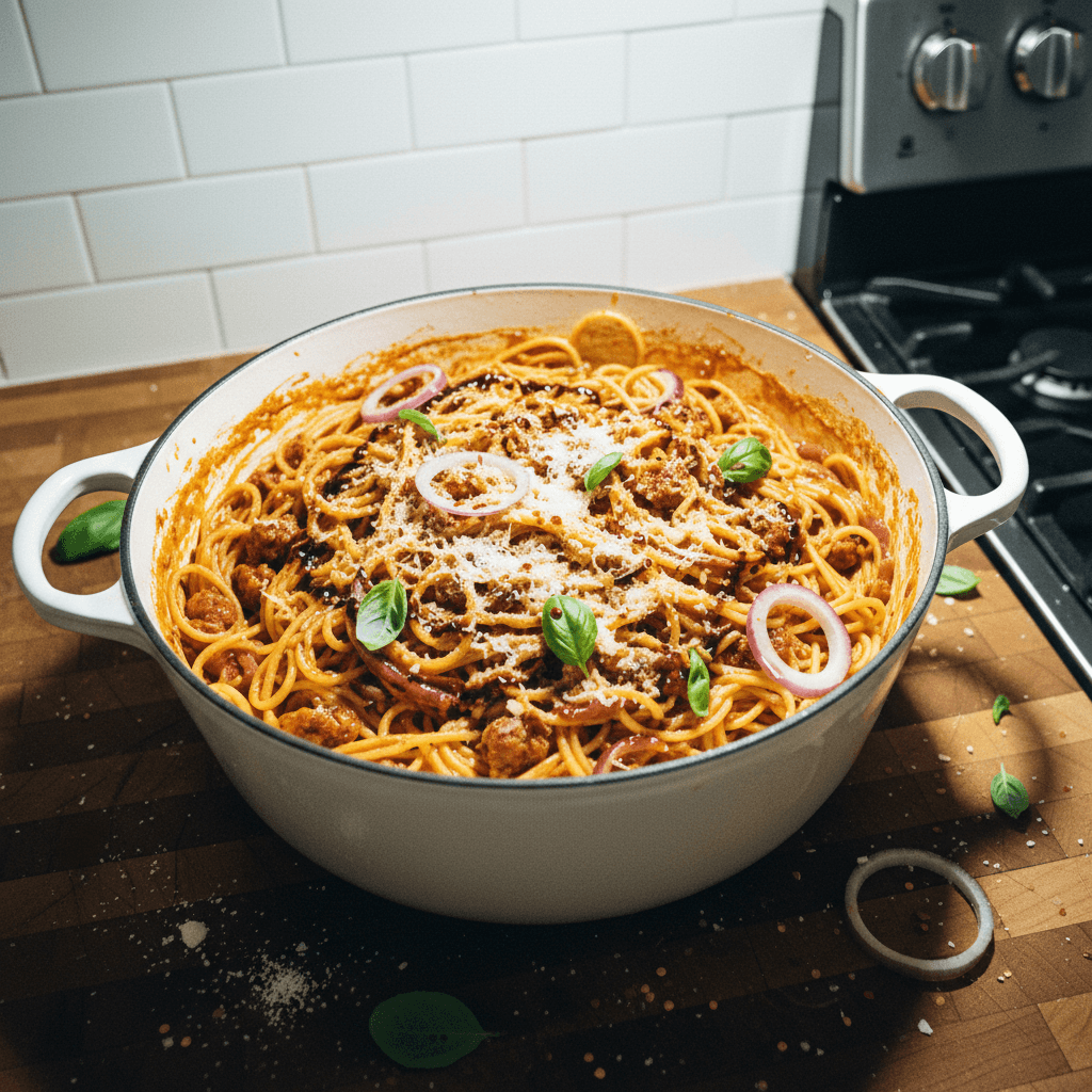 One Pot Caramelized Onion Chili Oil Pasta