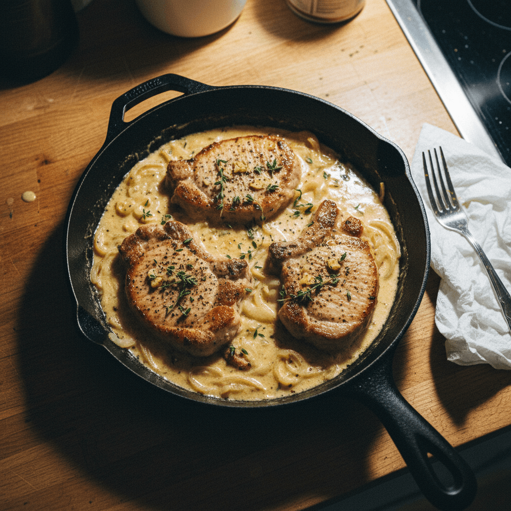 One Pan Chops with a Creamy French Onion Sauce