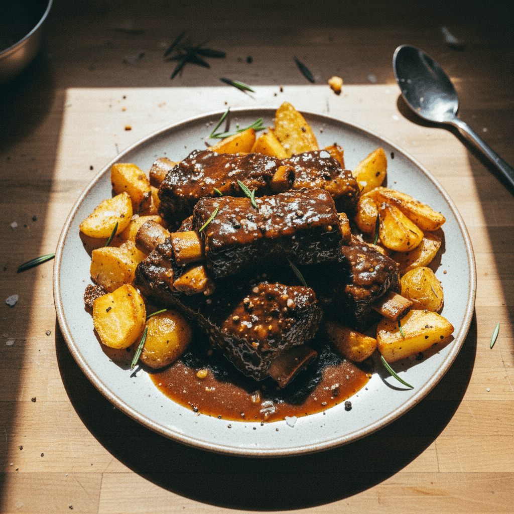 Slow Cooked Beef Short Ribs with Crispy Potatoes and Gravy
