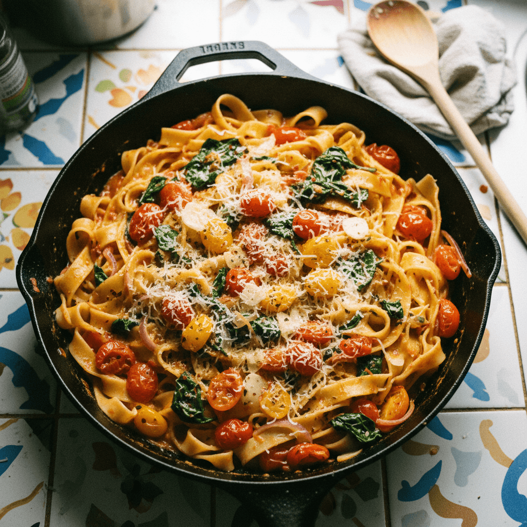 One Pan Creamy Tomato Spinach Pasta