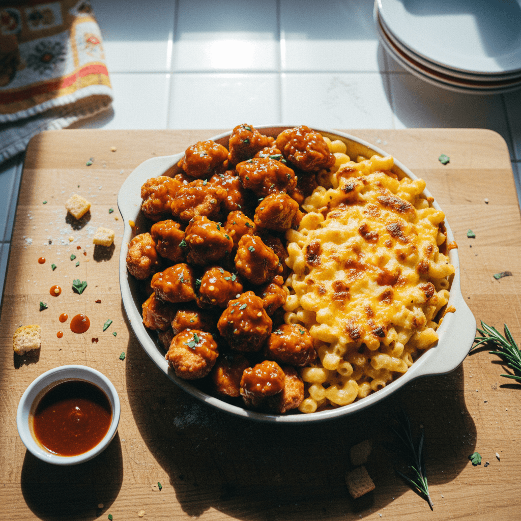 Honey BBQ Chicken Bites + Mac & Cheese