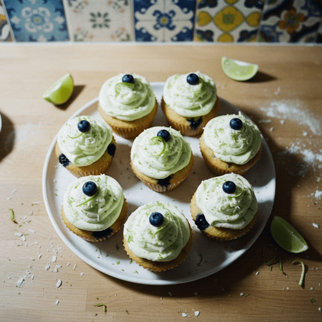 Blueberry, Lemon & Mascarpone Muffin Cupcakes with Cream Cheese, Lime & Coconut Chantilly Frosting