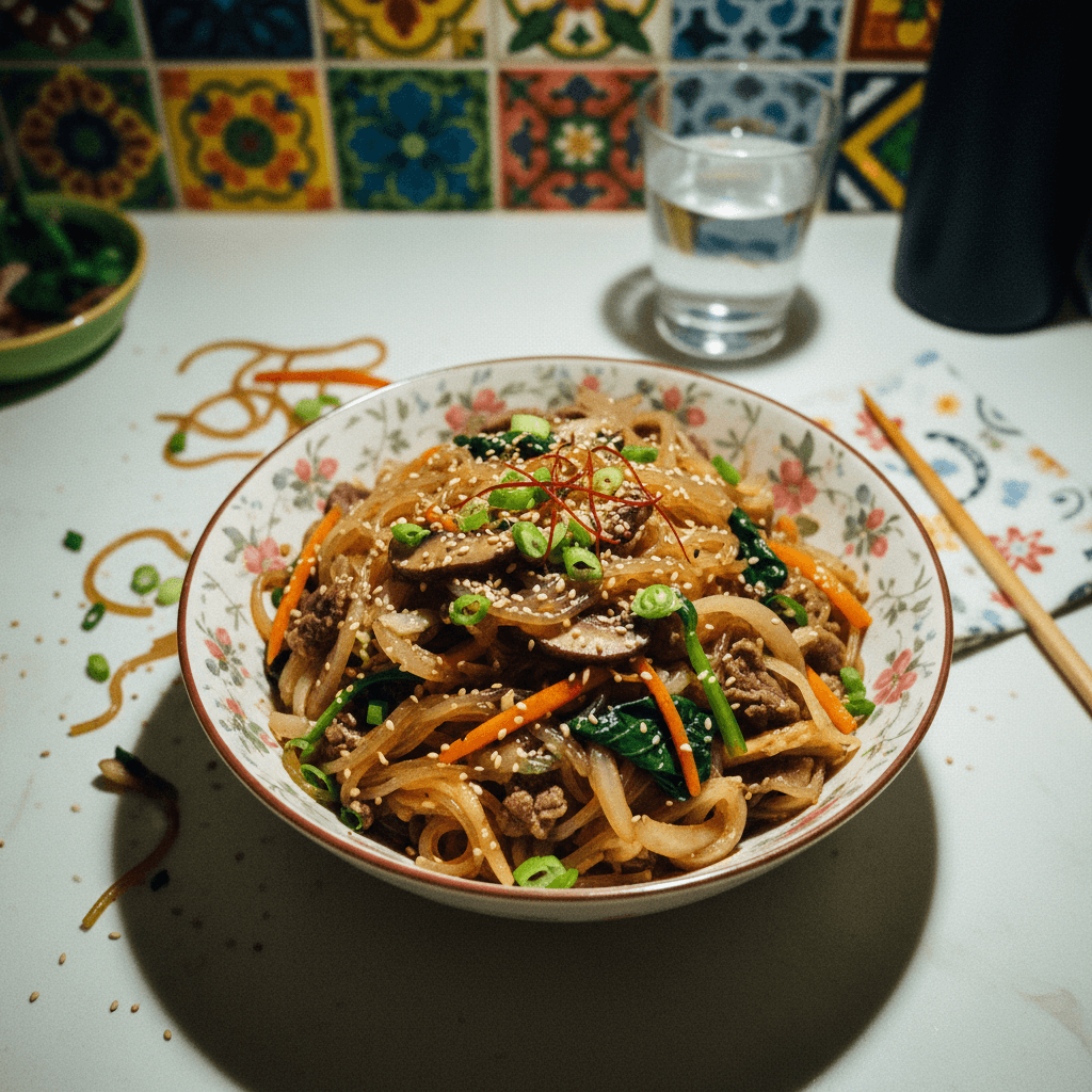 Savory Korean Potato Noodle Stir-Fry (Japchae)