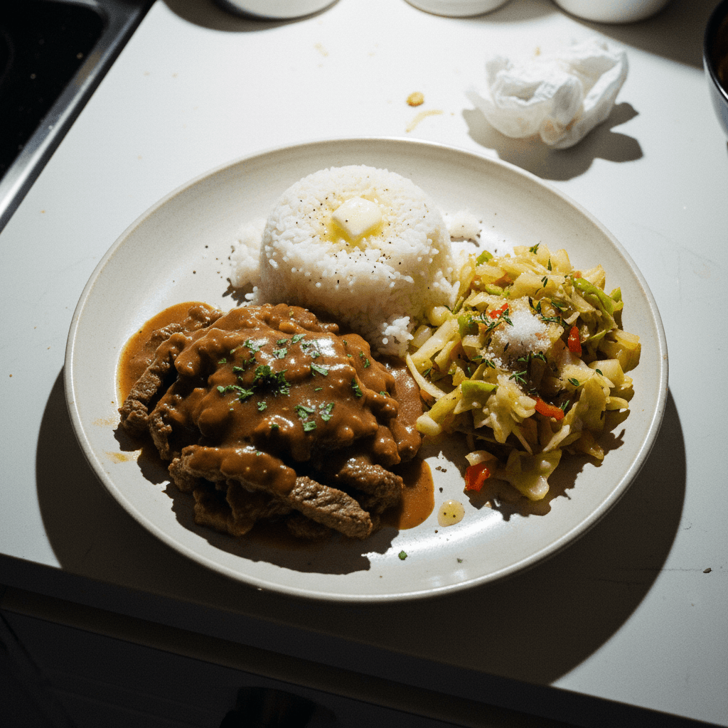 Smothered Steak, Rice, and Cabbage