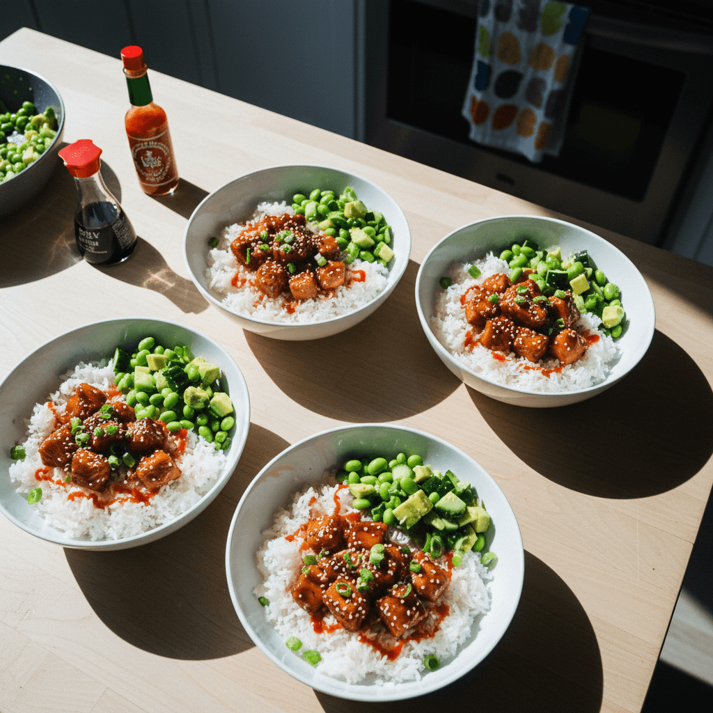 Teriyaki Salmon Bowls with Avocado Edamame Salad