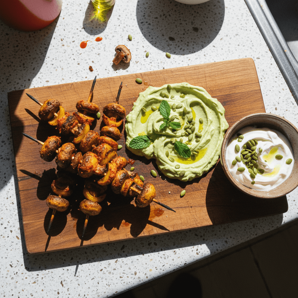 Harissa Preserved Lemon Mushroom Kebabs with Avocado 'Brain Sauce'
