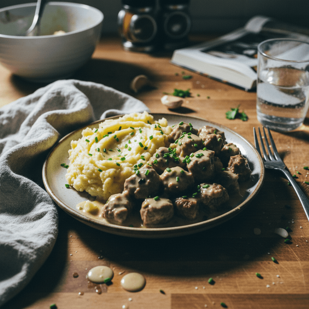 Creamy Garlic Steak Bites & Mashed Potatoes