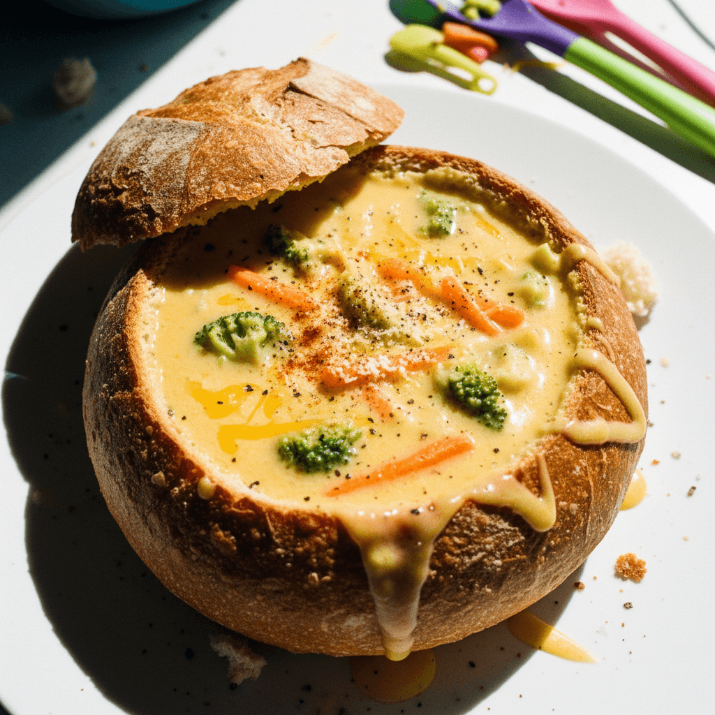 Panera-Style Broccoli Cheddar Soup in a Bread Bowl