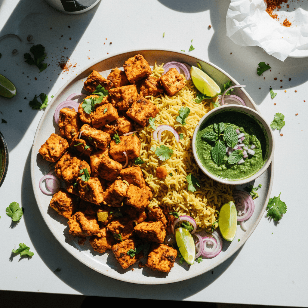 Tandoori Tofu with Mint Chutney and Yellow Rice