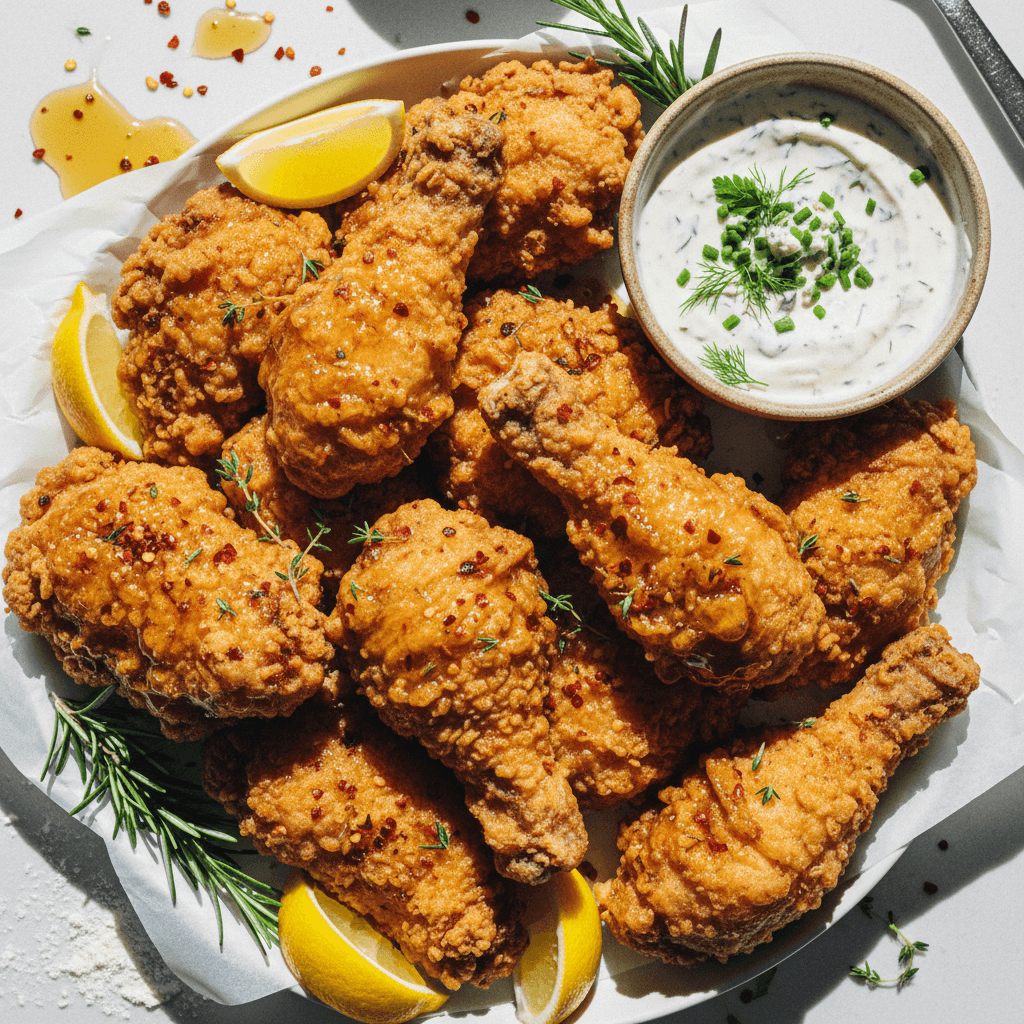Crispy Fried Chicken with Spicy Honey Glaze and Blue Cheese Ranch