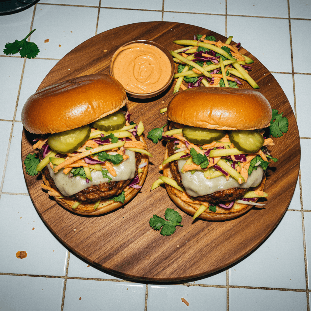 Thai Chicken Burgers with Mango Slaw & Spicy Mayo