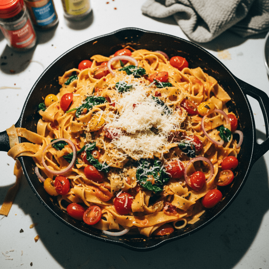 One Pan Creamy Tomato Spinach Pasta
