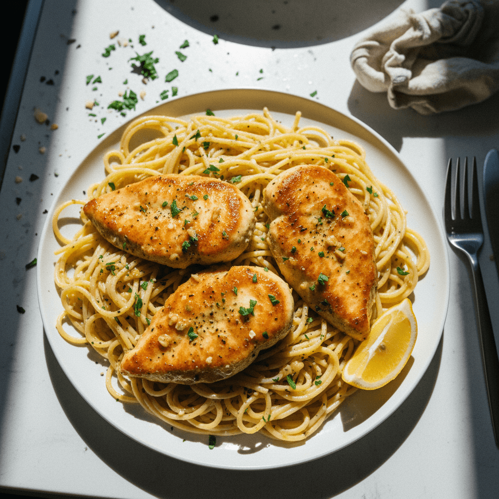 Lemon Garlic Butter Chicken with Spaghetti
