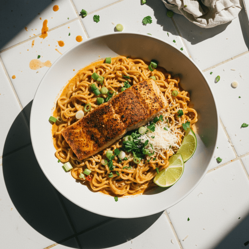 Creamy Spicy Garlic Salmon with Ramen