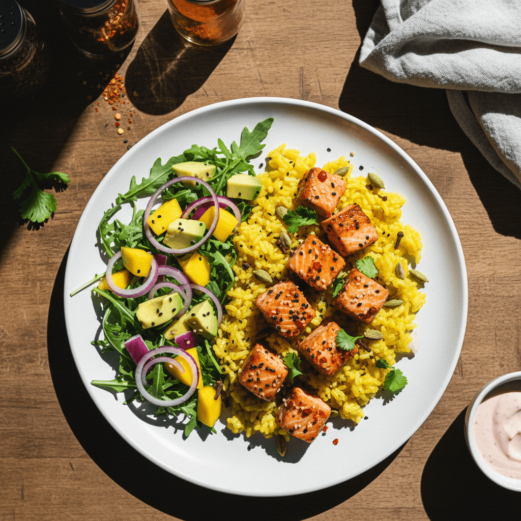 Salmon Over Rice with Salad