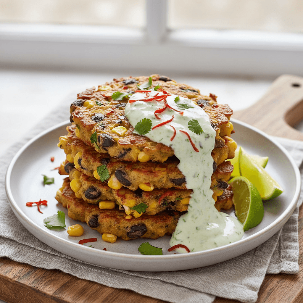 Spicy Corn and Black Bean Fritters with Lime Crema