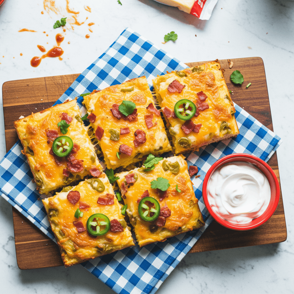 Loaded Cheesy Bacon & Green Chile Squares