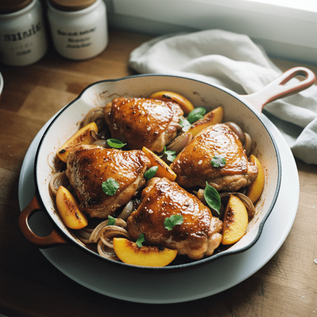 Broiled Glazed Chicken Thighs with Onions and Peaches