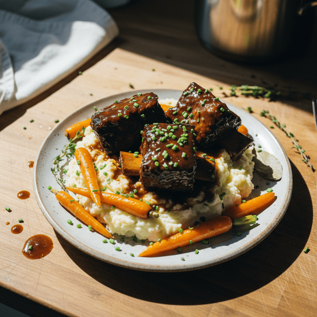 Braised Short Ribs with Mashed Potatoes and Glazed Carrots
