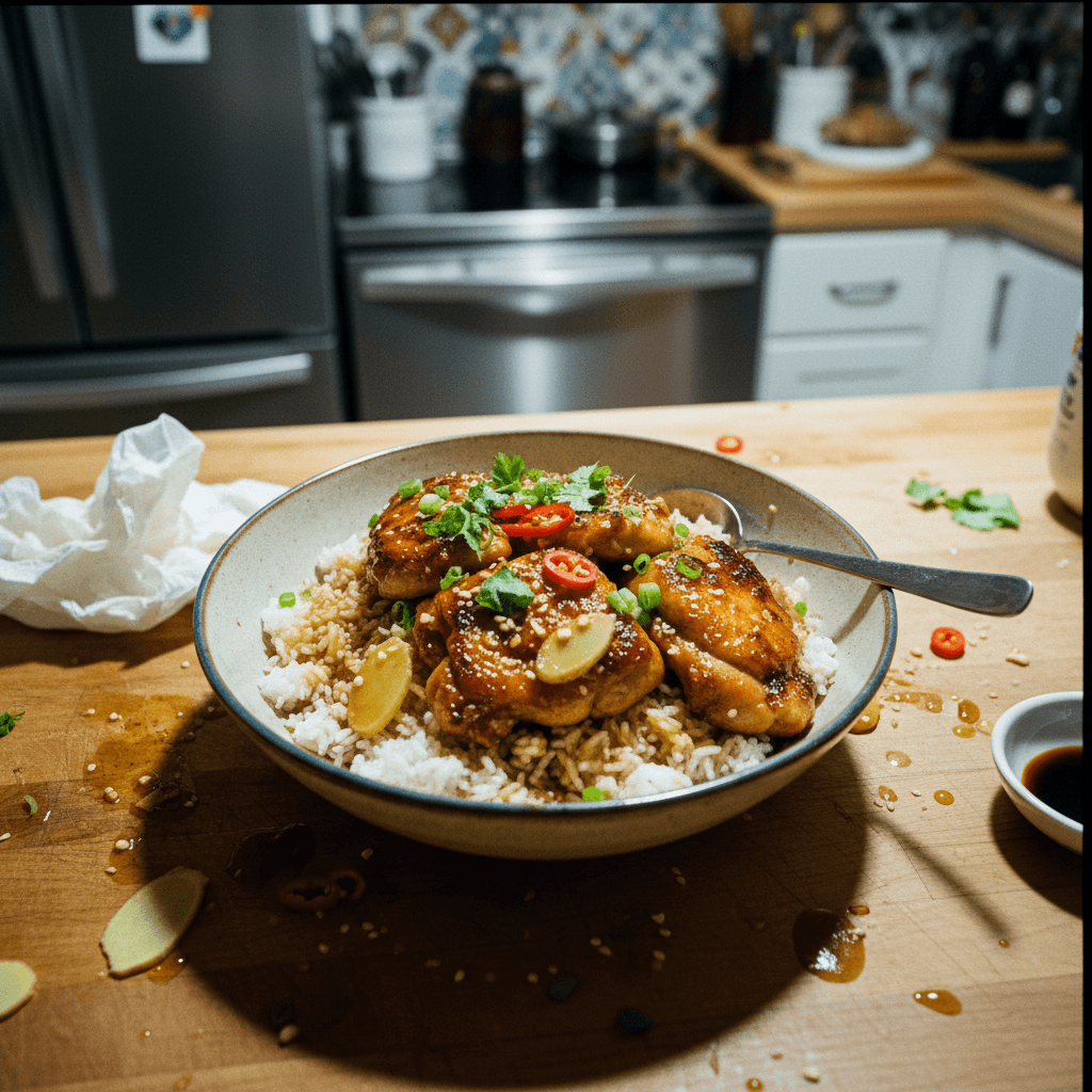 Honey Soy Glazed Chicken with Garlic Ginger Brothy Rice