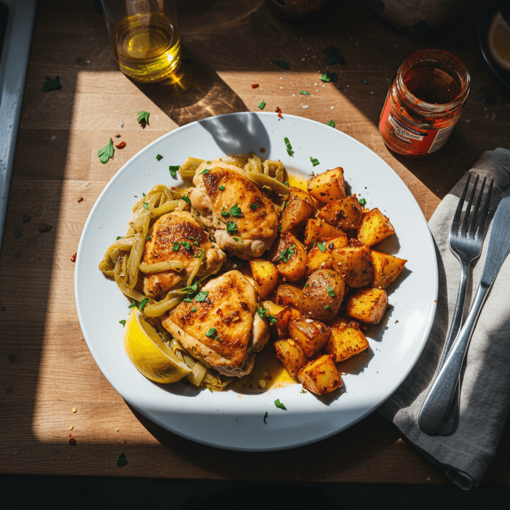 Pan-Roasted Chicken with Caramelized Leeks & Spicy Calabrian Roast Potatoes