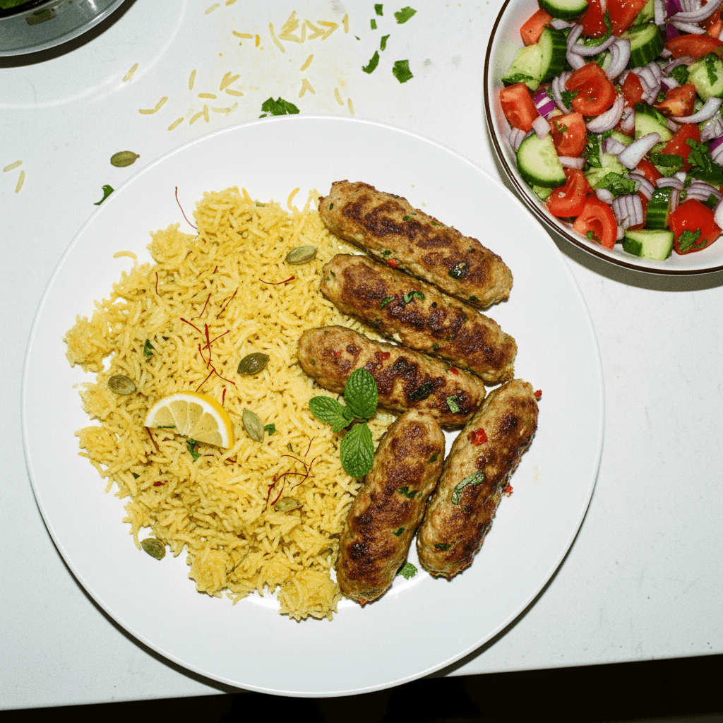 Minced Chicken Kebabs with Saffron Rice