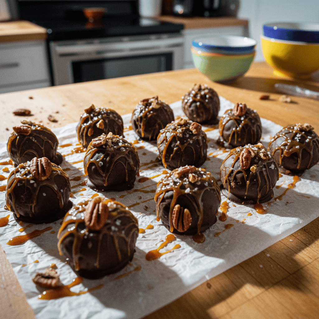 Pecan Pie Truffles with Salted Caramel and Chocolate