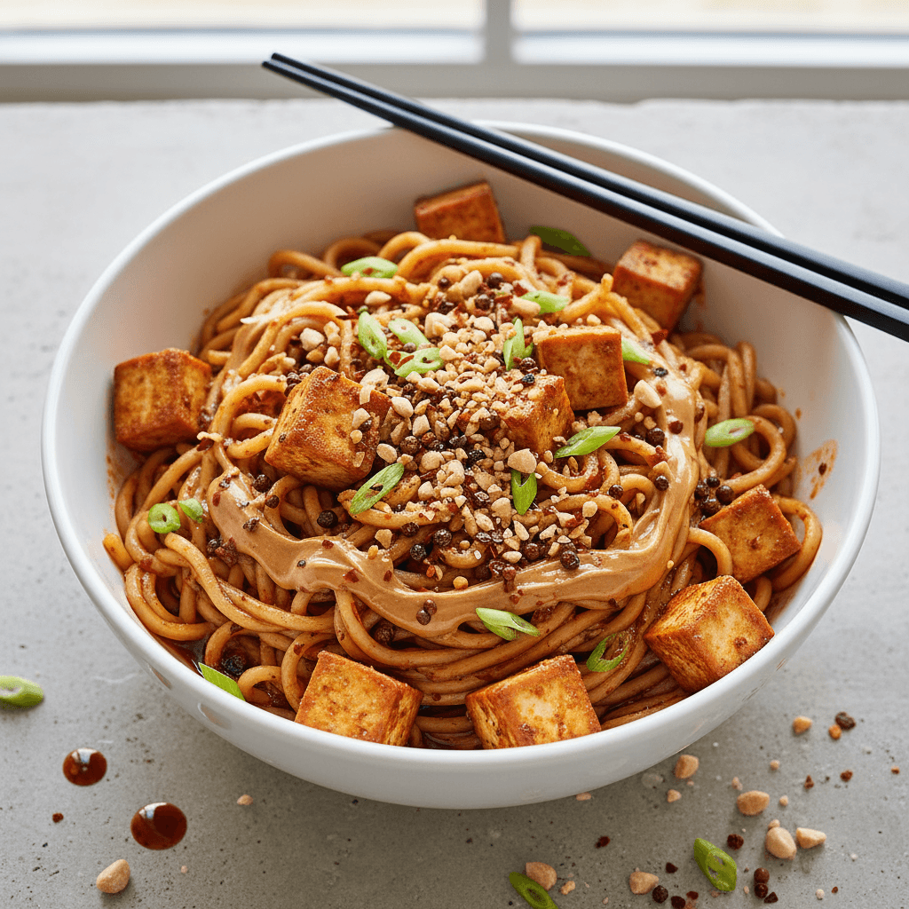 Spicy Sichuan Peanut Noodles with Tofu