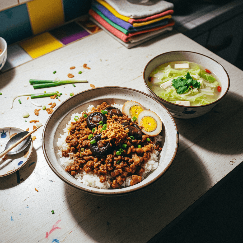 Braised Minced Pork Rice (卤肉饭) and Cabbage Soup