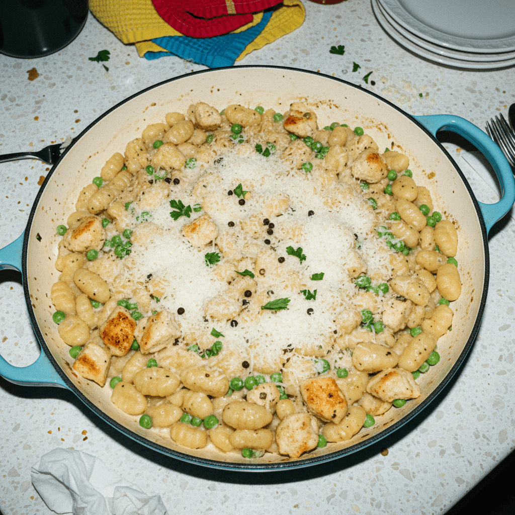 One-Pan Trader Joe's Cacio e Pepe Gnocchi with Chicken and Peas