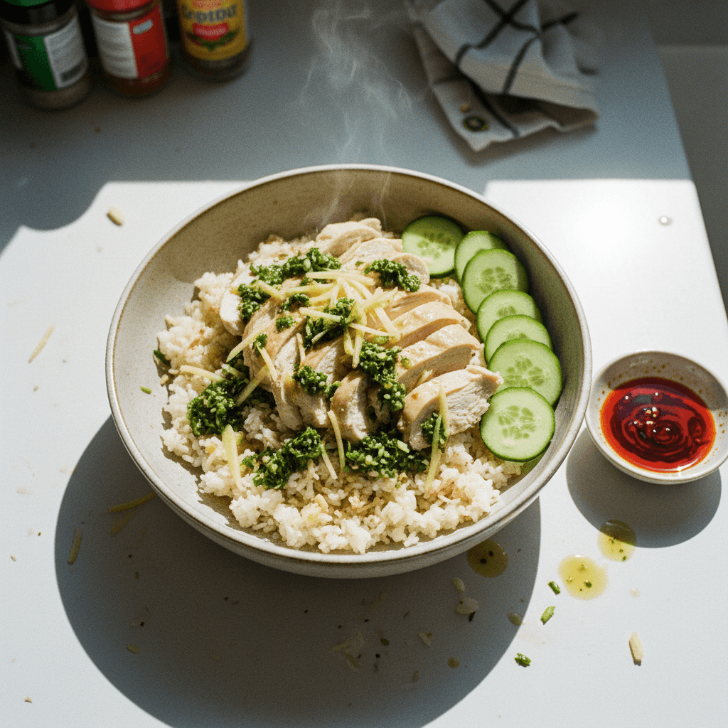 Ginger & Spring Onion Poached Chicken with Brothy Rice
