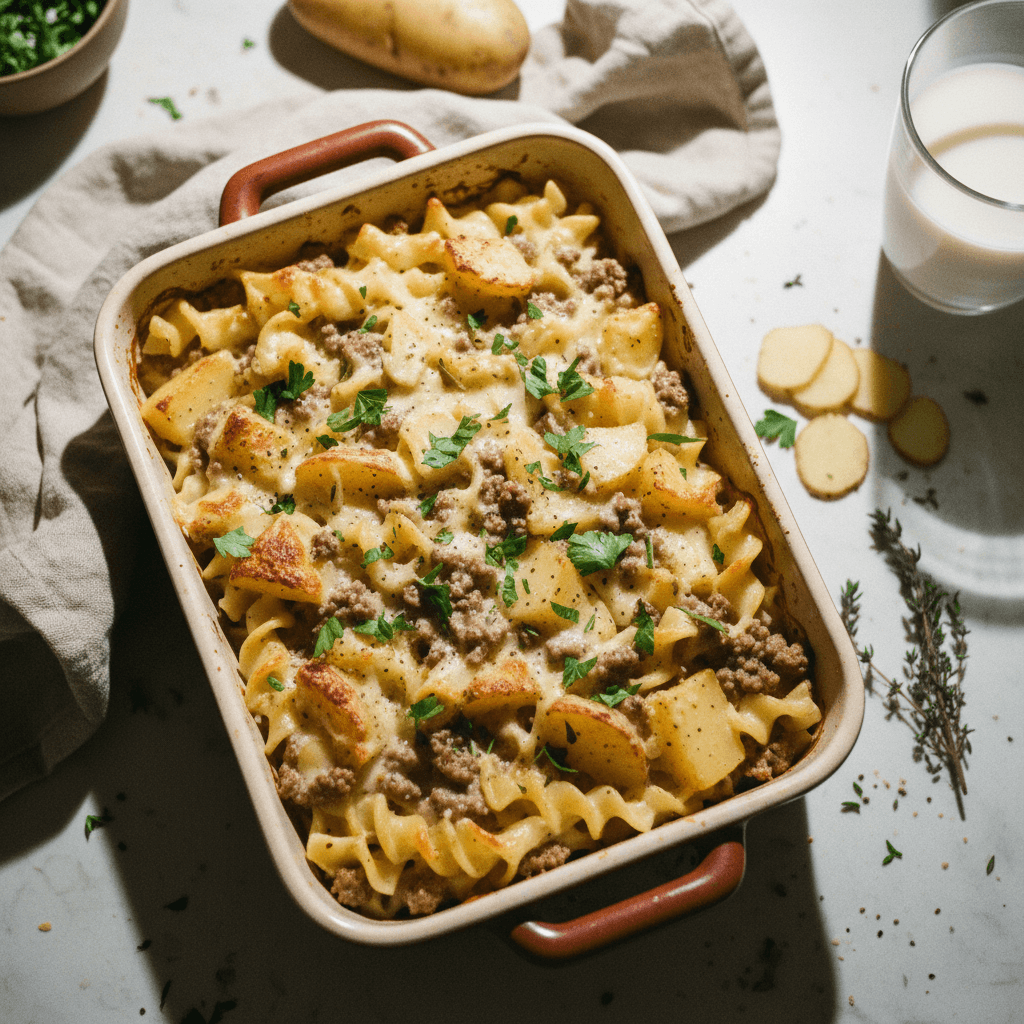Ground Beef and Potato Noodle Bake