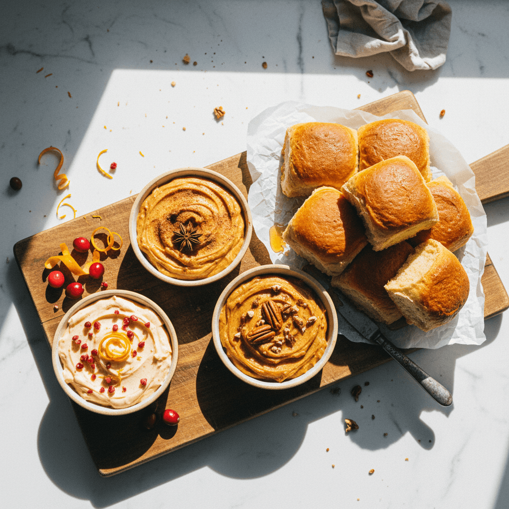 Thanksgiving Flavored Butters (Cranberry Orange, Pumpkin Spice, and Pecan Pie) with Sweet Potato Rolls