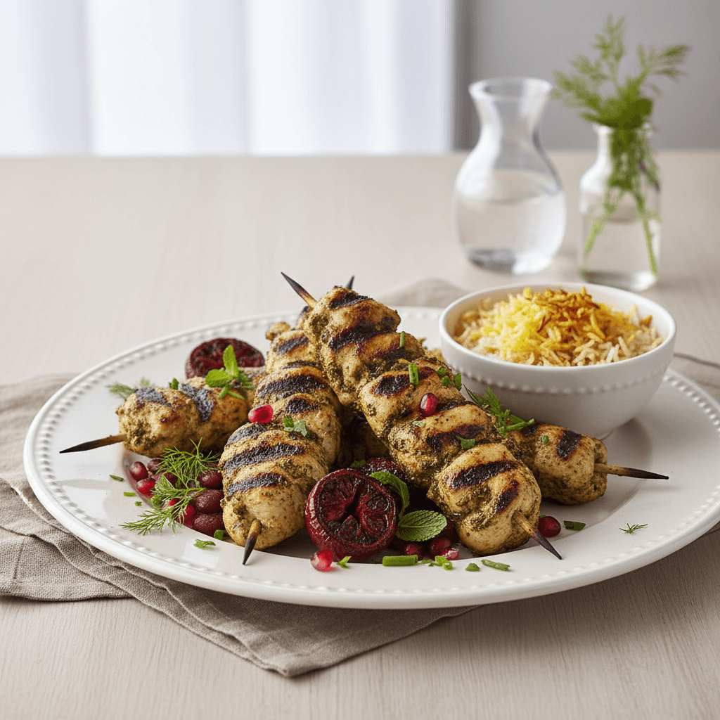 Ghormeh Sabzi Inspired Grilled Chicken Skewers with Broccolini