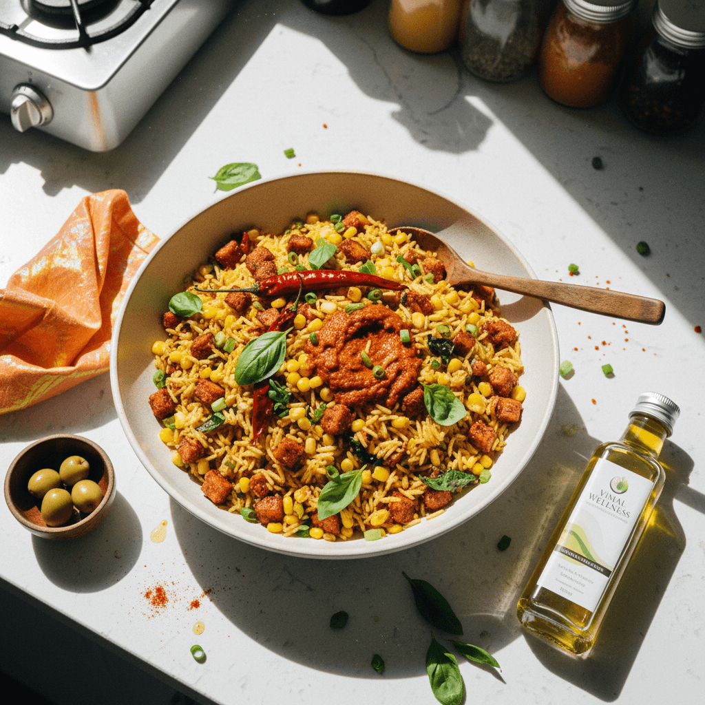 Chilli Garlic Soya with Basil Corn Rice