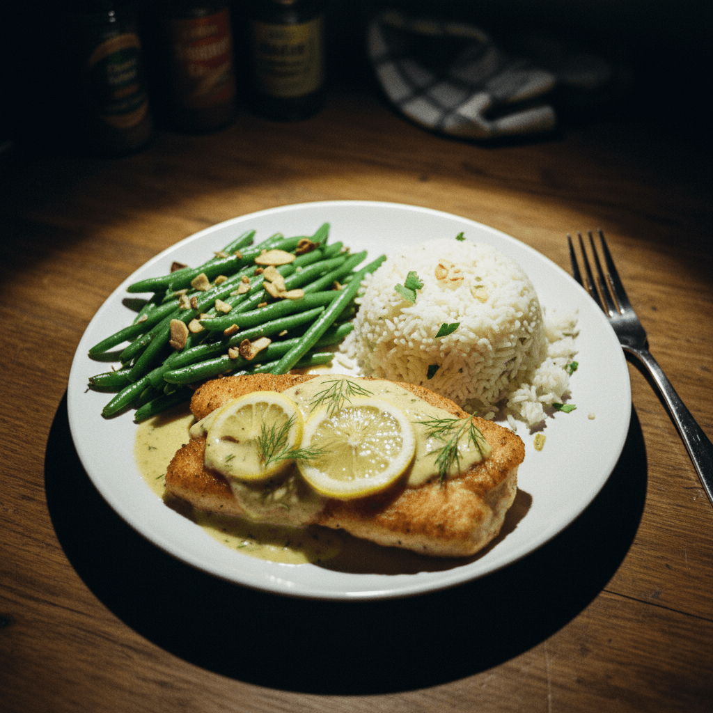 Pan Fried Catfish with Lemon Dill Sauce, Garlic & Herb Rice, and Green Beans