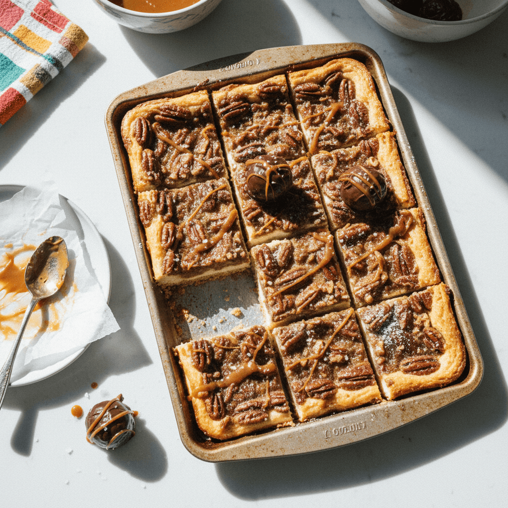 Pecan Pie Cheesecake Bars with Salted Caramel & Chocolate