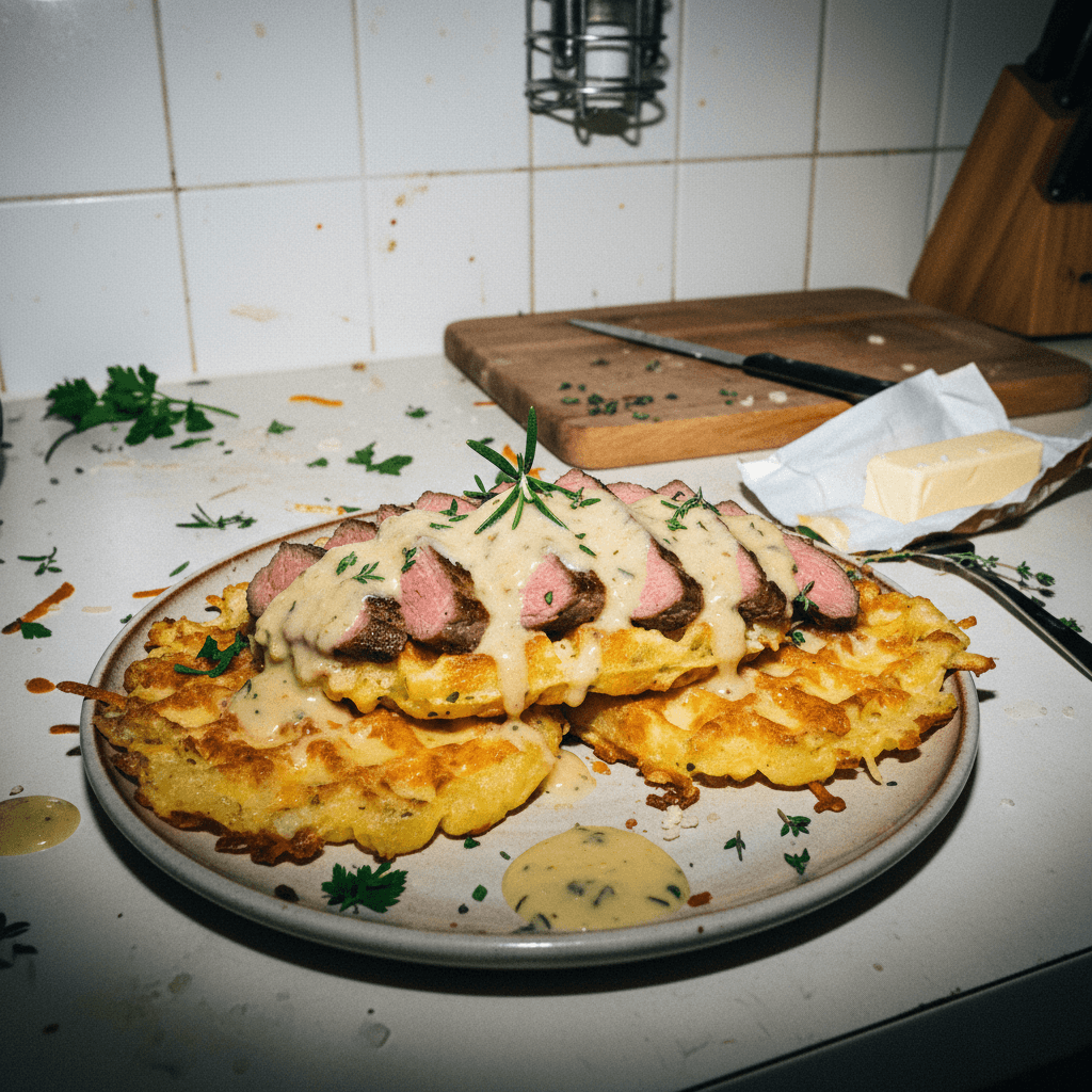 Steak and Potato Waffles with Garlic Butter Sauce
