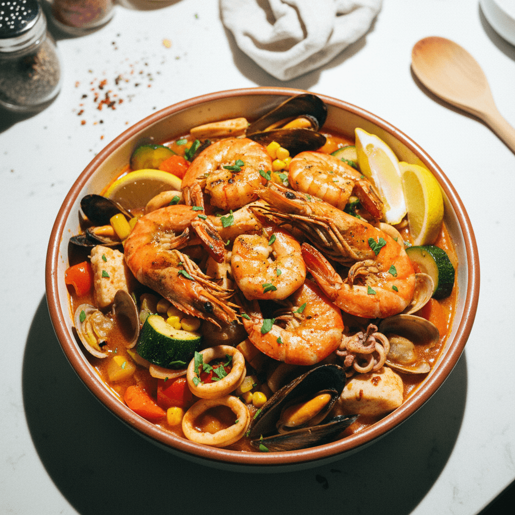 Grilled Shrimp with Seafood and Vegetable Stew