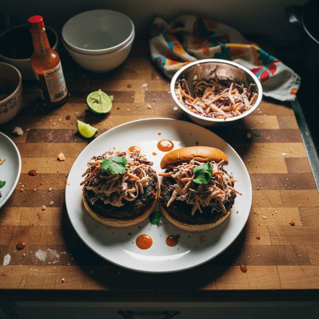 Speedy Black Bean Burgers with Sriracha Mayo Slaw