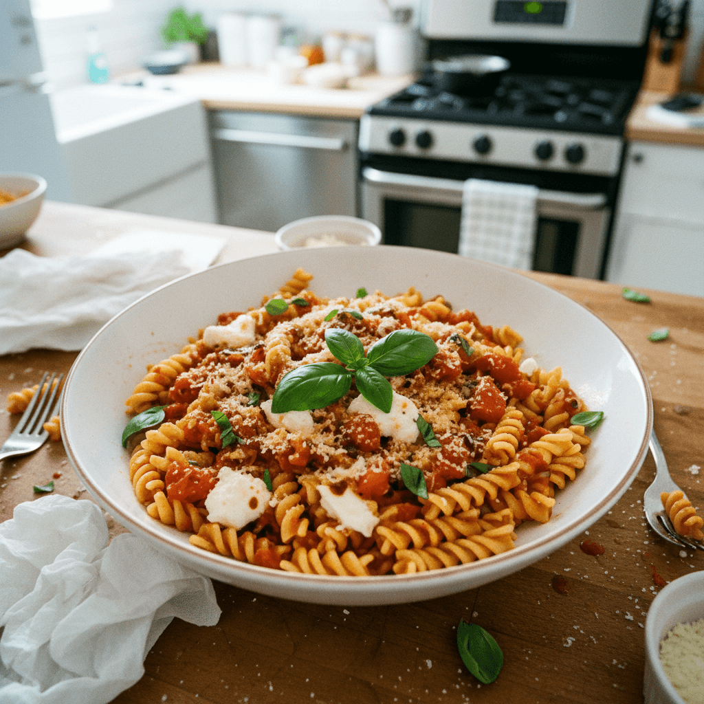 Pasta Sorrentina with Fresh Mozzarella, Tomato & Basil