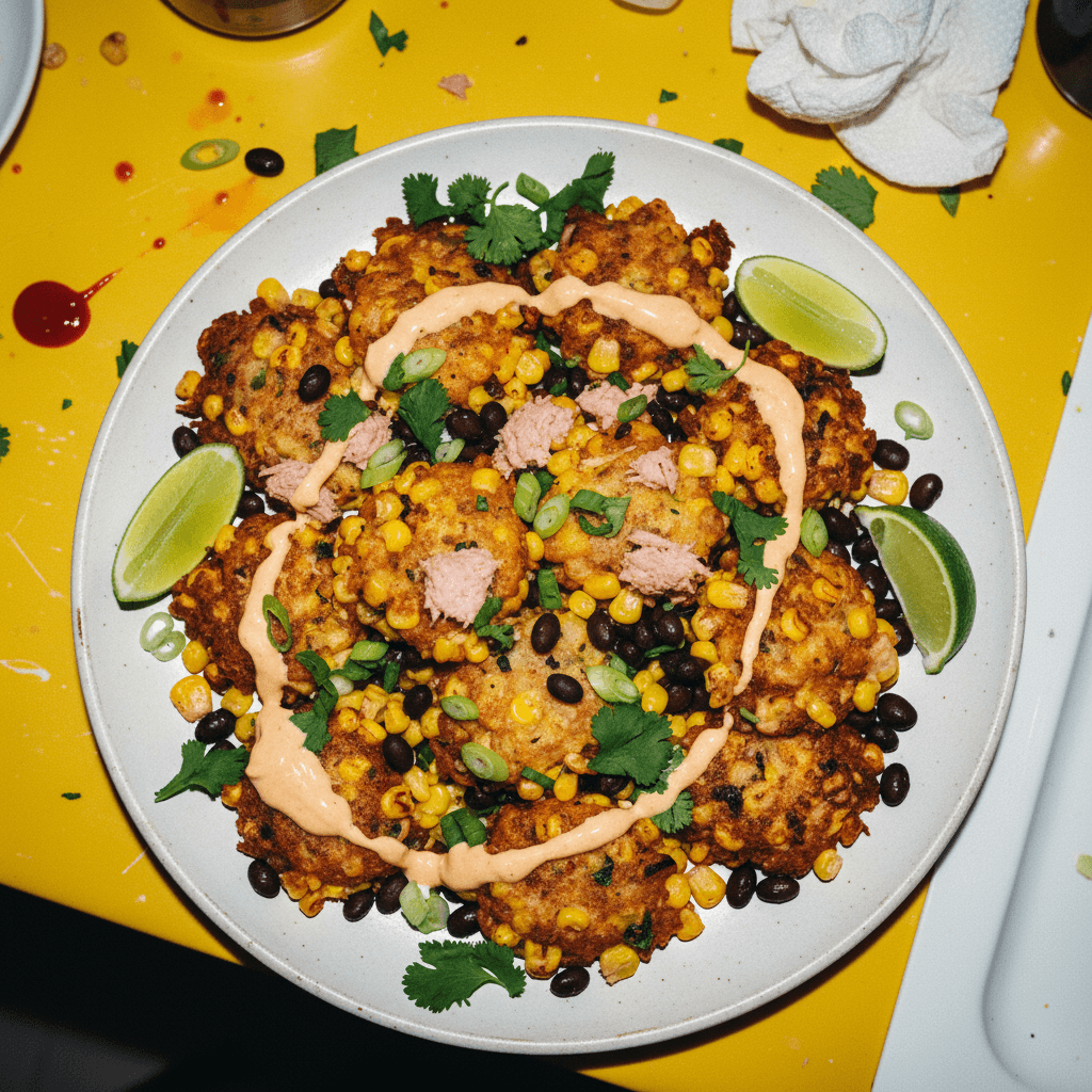 Spicy Tuna Corn Fritters with Black Beans