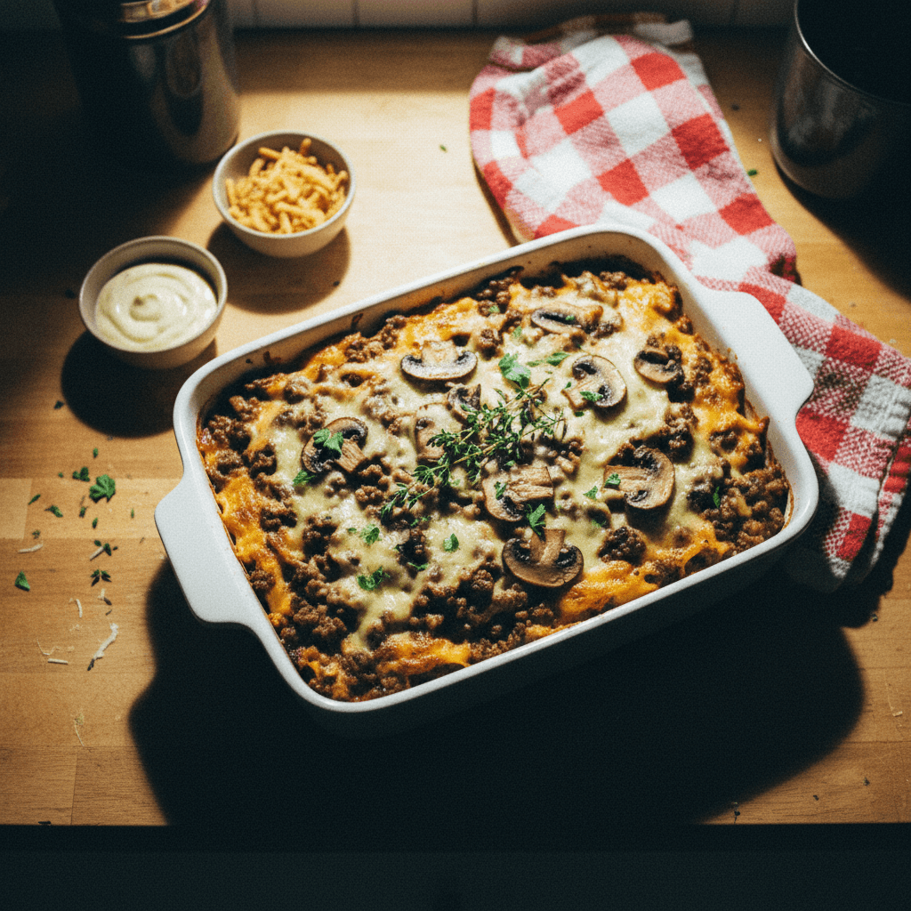Mushroom Swiss Burger Casserole